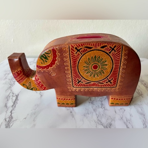 Handmade Painted Leather Elephant Coin Bank Money Box India Folk Art Style - Picture 3 of 5